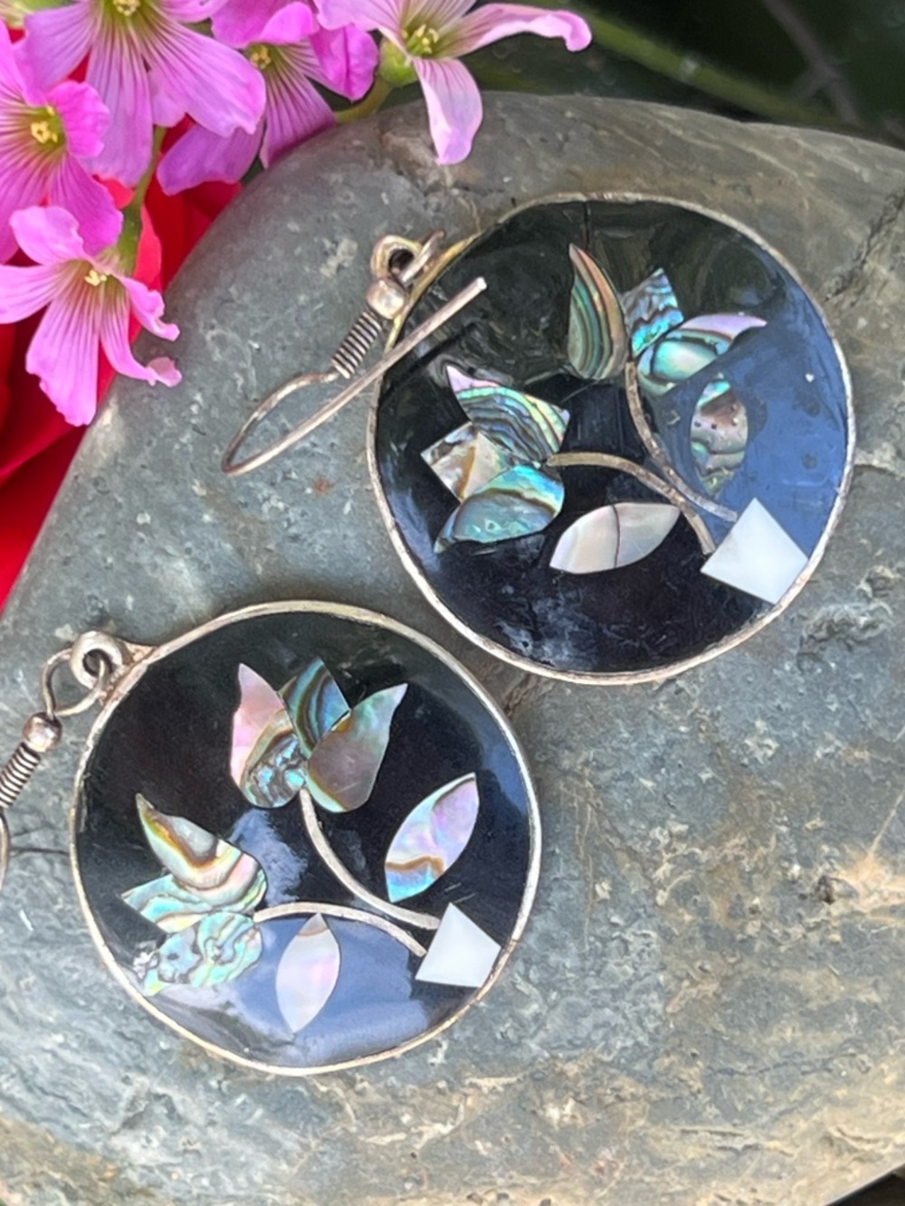 Vintage Alpaca Mexico Abalone Inlay Earrings Silver Tone - Picture 3 of 7